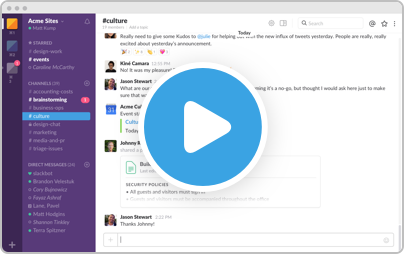 A screenshot of the Slack interface with a play button linking to a video tour of Slack.